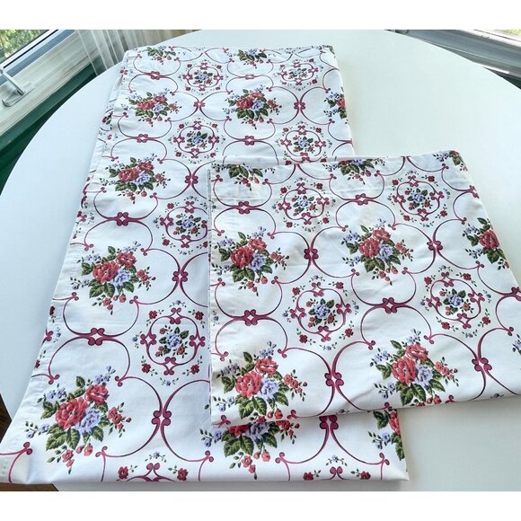 Vintage 60s curtains, pink medallions, Cabbage Roses provencal print, pair - Picture 9 of 10